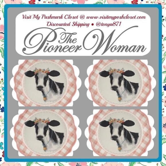 🦋 New Pioneer Woman Novelty Cow Appetizers 7"d Pink Gingham Plates, Set of 4 - Picture 3 of 7